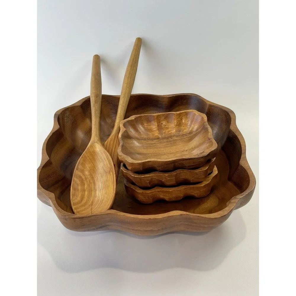 Vintage Monkey Pod Hand Carved Wooden Acacia Salad Bowl Set Serving Utensils